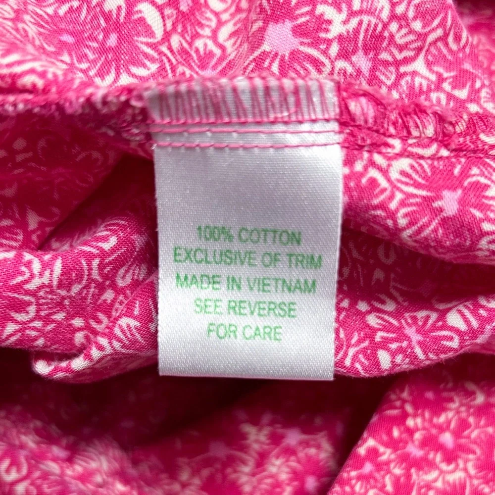 Lilly Pulitzer Pink Ivory Floral High V Neck Collar Button Up 3/4 Sleeve Blouse